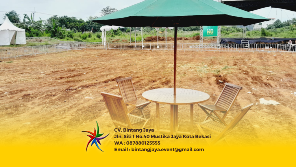 Sewa Set Meja Kursi Taman Payung Jakarta Amanah Berkualitas siap kirim. Satu set berisi Tenda parasol, meja taman/cafe bulat, dan kursi taman.