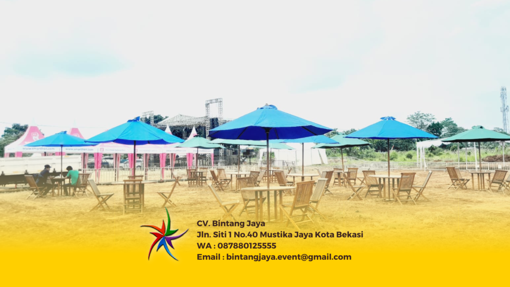 Sewa Set Meja Kursi Taman Payung Jakarta Amanah Berkualitas siap kirim. Satu set berisi Tenda parasol, meja taman/cafe bulat, dan kursi taman.