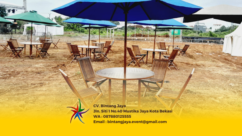 Sewa Set Meja Kursi Taman Payung Jakarta Amanah Berkualitas siap kirim. Satu set berisi Tenda parasol, meja taman/cafe bulat, dan kursi taman.