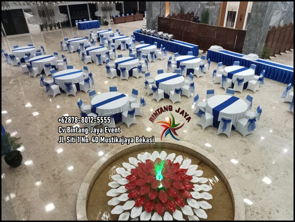Sewa Round Table Skirting Biru Topping Putih Jakarta
