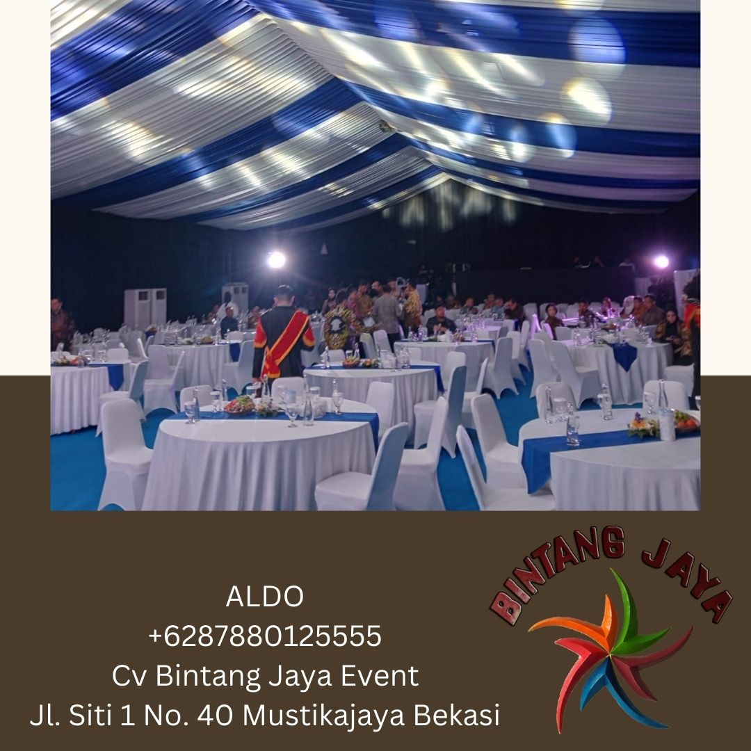 Sewa Meja Bulat D160 Tebar Putih Runner Blue Jatiuwung Tangerang