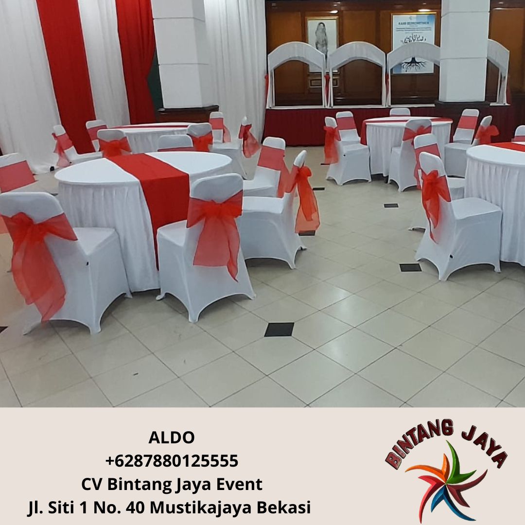 Sewa Meja Bulat D160cm Tebar Putih Runner Merah Jakarta Selatan