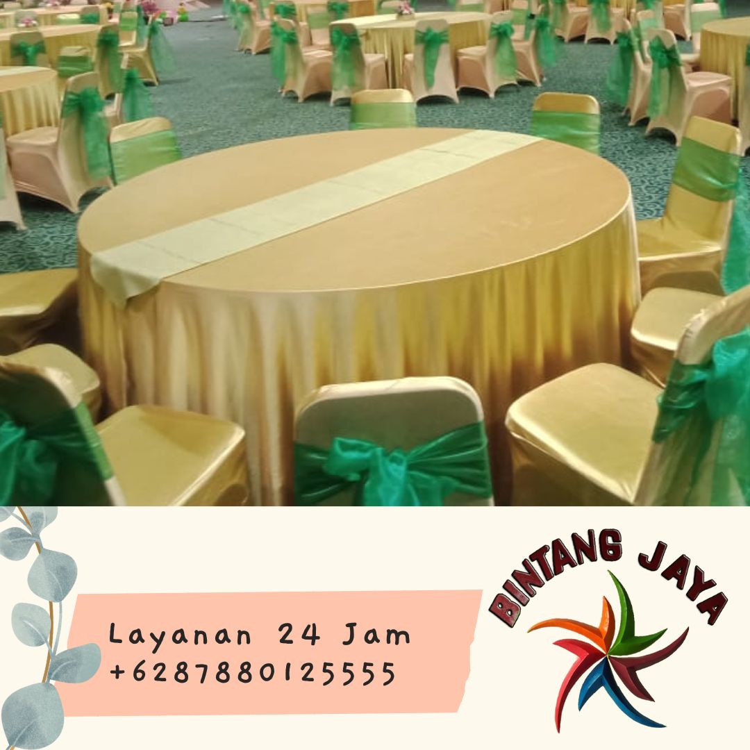 Sewa Meja Bulat D160cm Tebar Gold Runner Hijau Area Jakarta