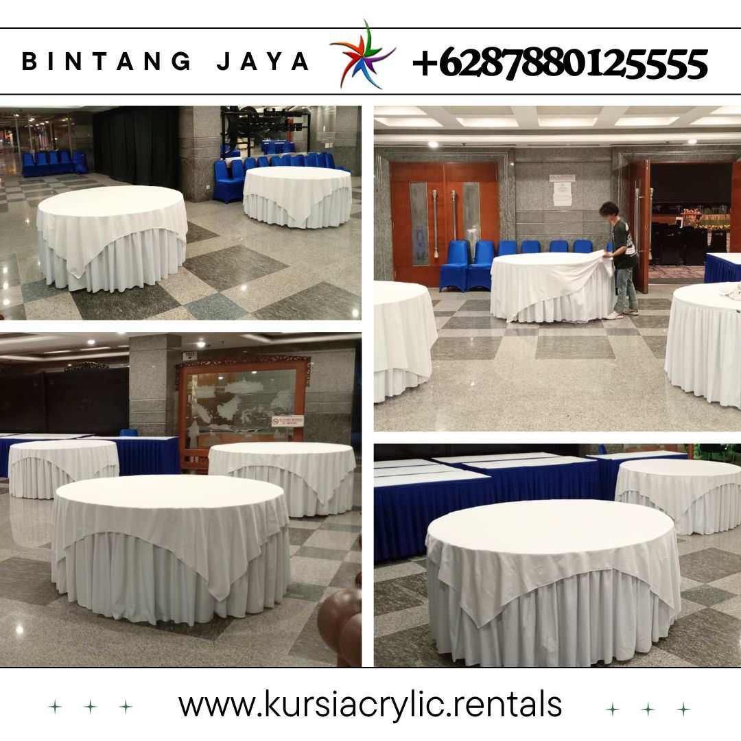 Sewa Meja Bundar Cover Tebar Putih Event Menara Brilian Jakarta