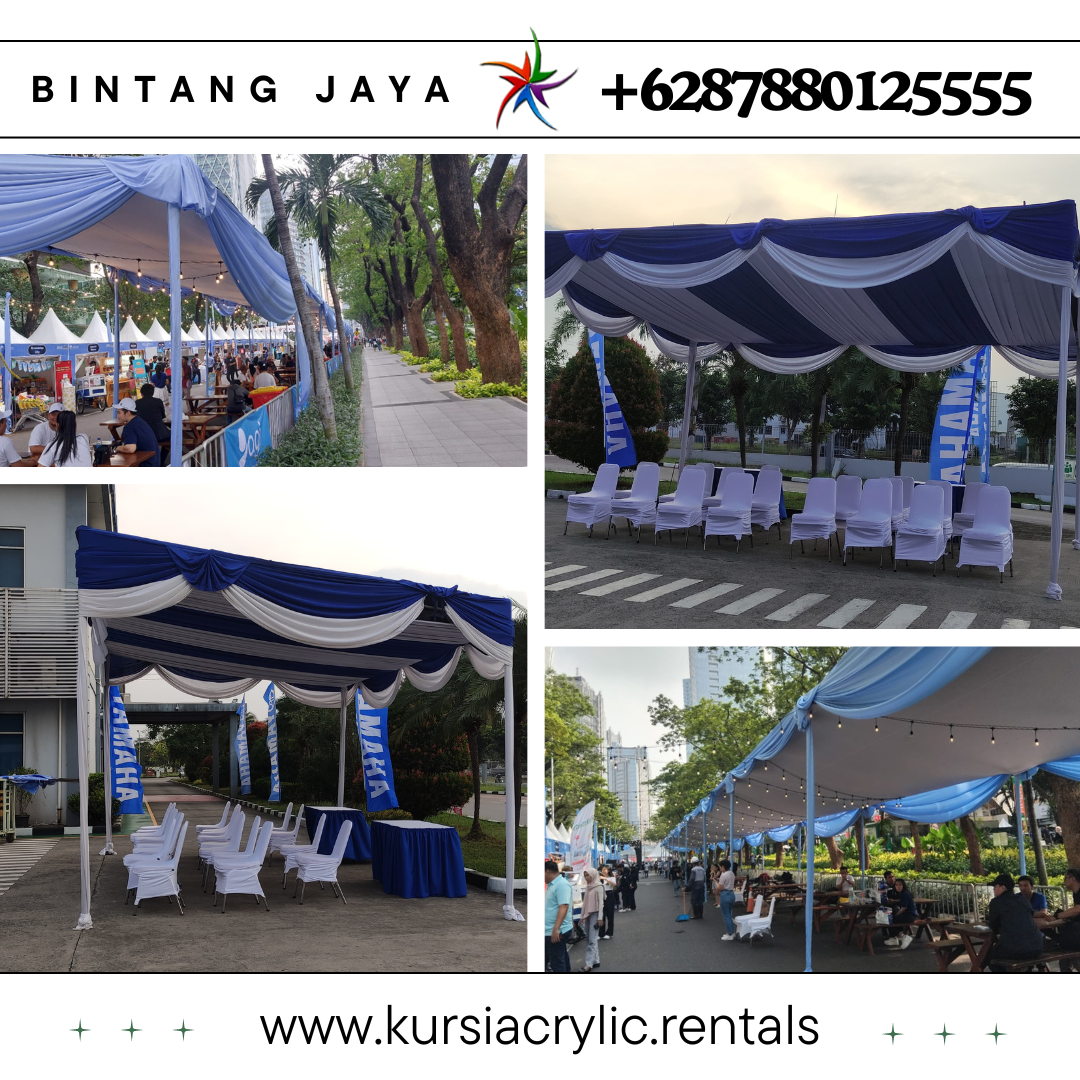 Pusat Sewa Tenda Konvensional Plafon Putih Rumbai Biru Area Bogor