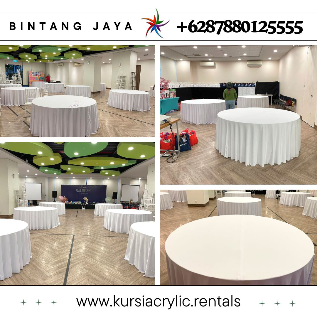 Sewa Meja Bulat D120cm Cover Tebar Putih Event Sampoerna Academy Laveneu