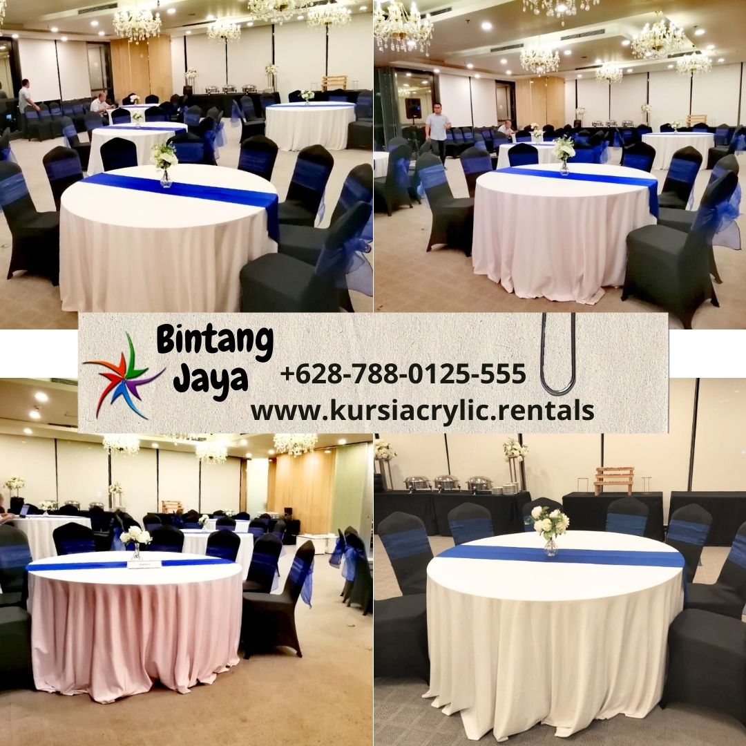 Sewa Meja Bulat D160 Tebar Putih Runner Biru Murah Area Bandung