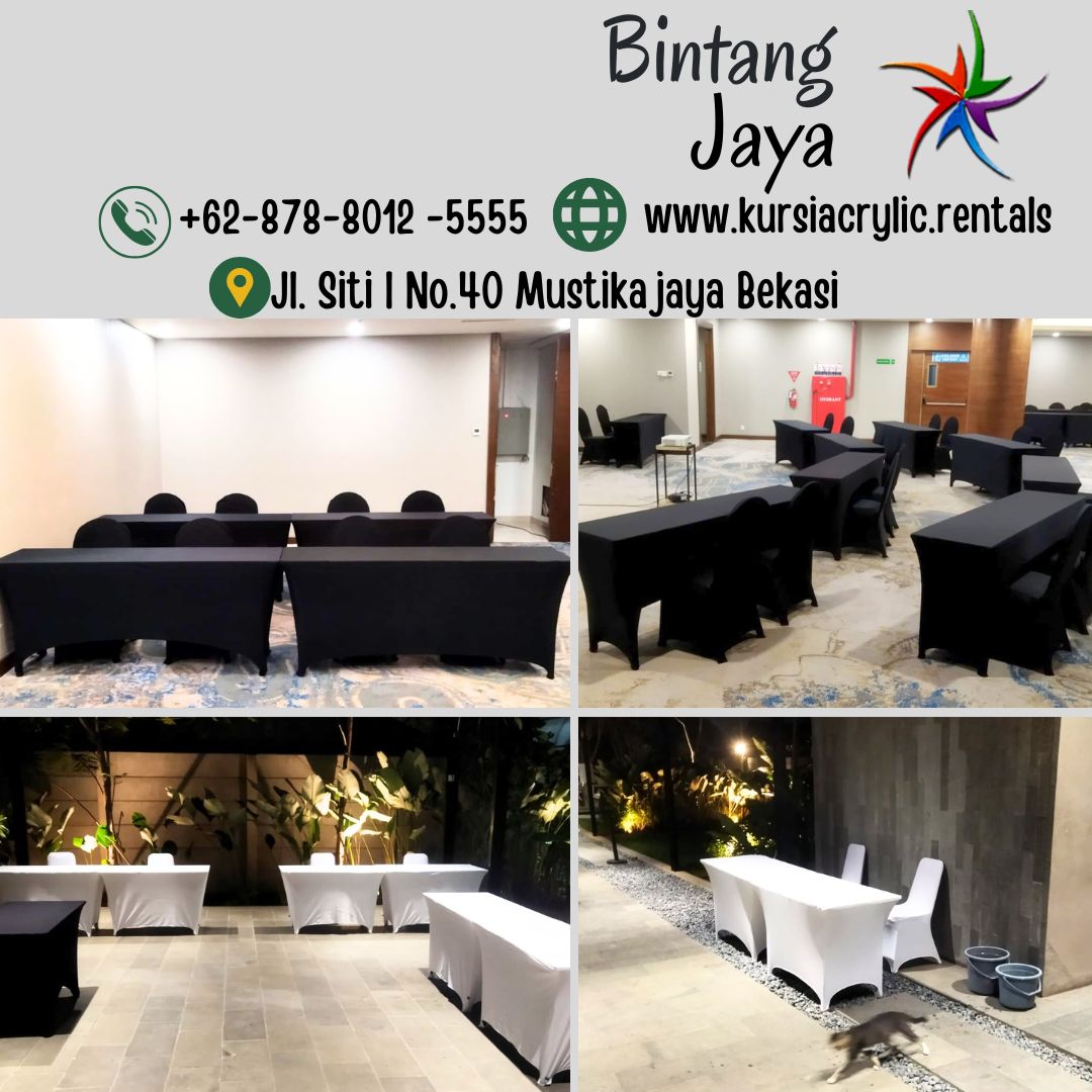 Sewa Meja Kotak 120x60cm Cover Ketat Hitam Putih Area Bogor