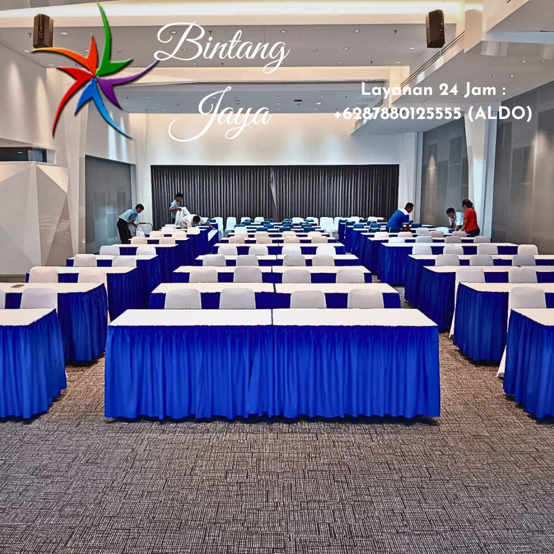 Sewa Meja Persegi Panjang Cover Rumbai Skirting Biru Area Jakarta