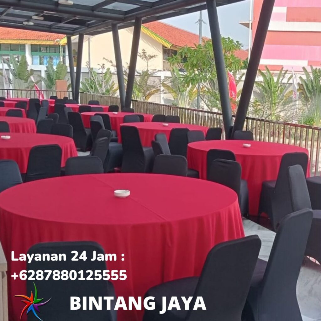 Sewa Round Table Cover Tebar Merah Dan Kursi Cover Hitam Ketat Jakarta