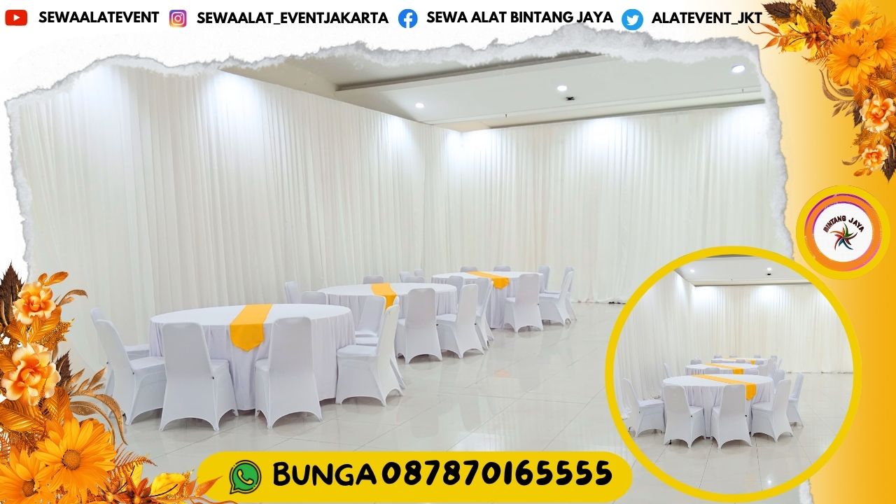 JASA SEWA KAIN FILAMIN TIRAI WARNA PUTIH SET MEJA DAN KURSI DI TANGERANG