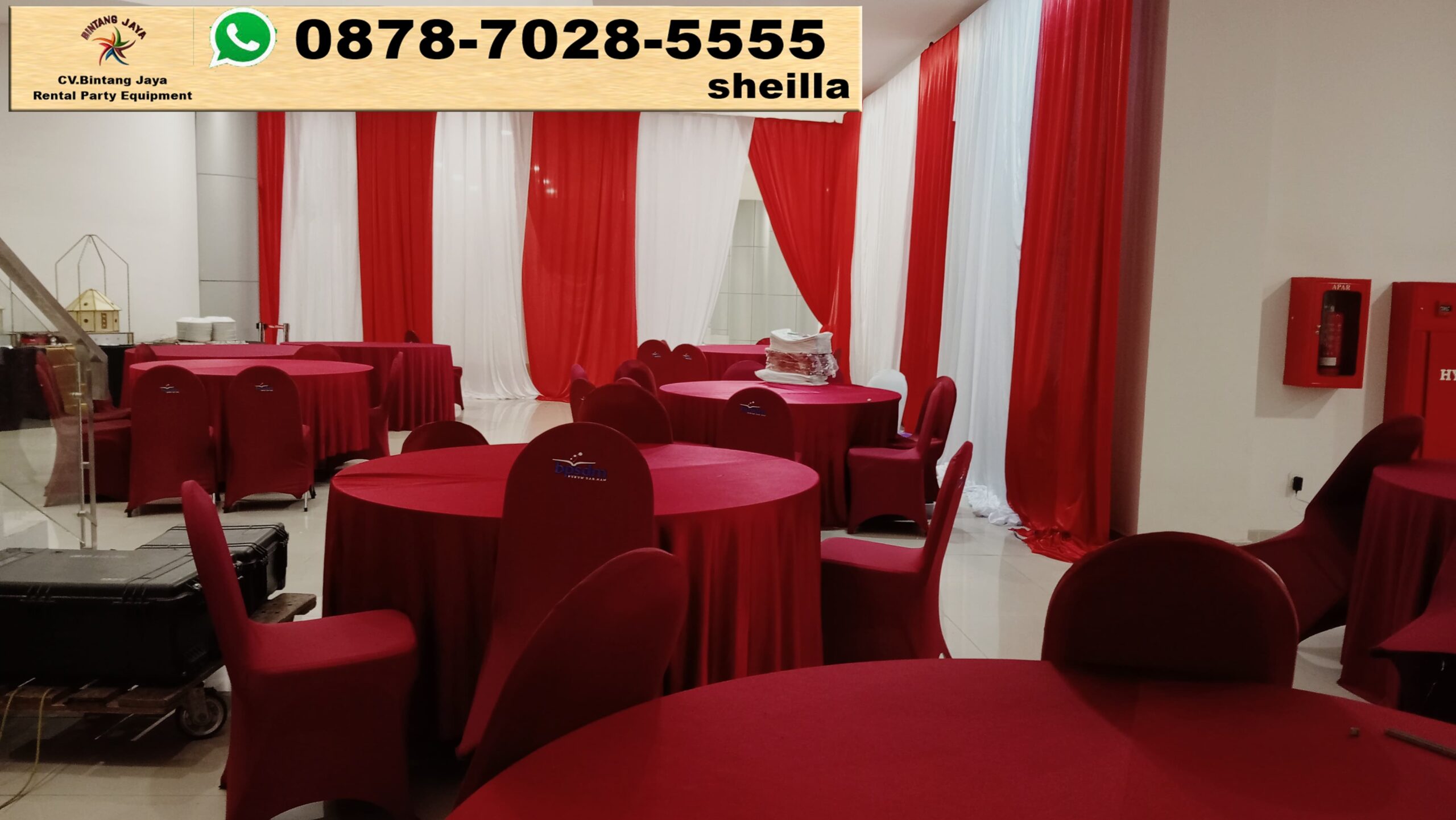 Sewa Meja Bundar Cover Tebar Marun Area Jakarta