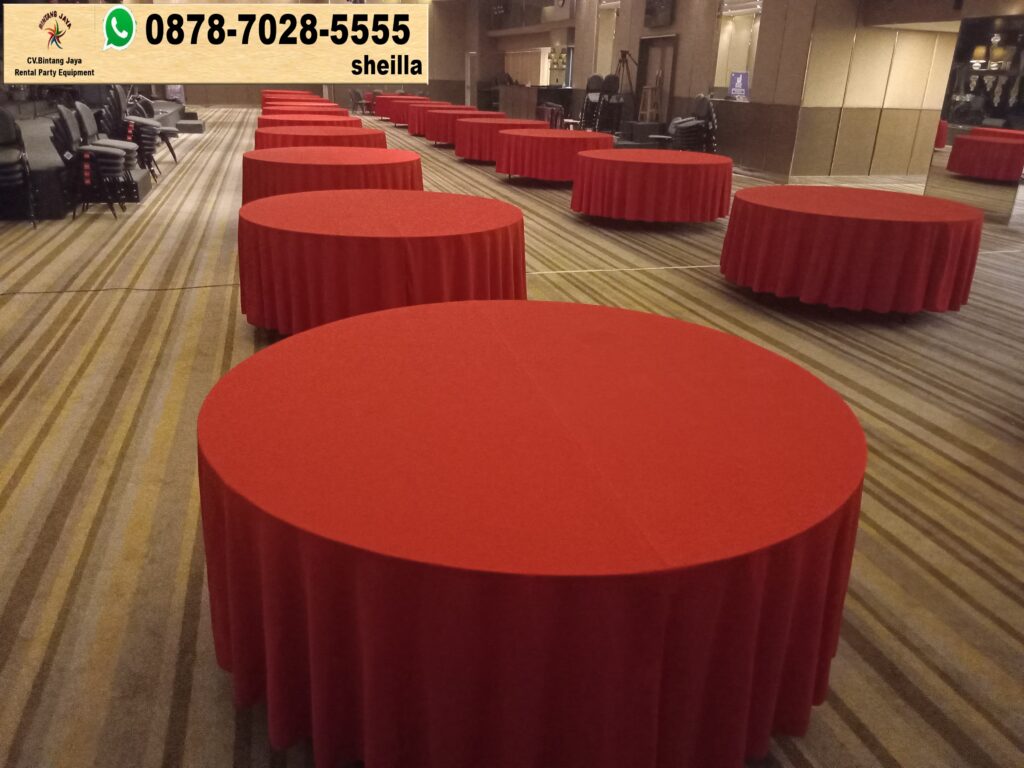 Rental Meja Bundar Cover Tebar Merah Area Tangerang