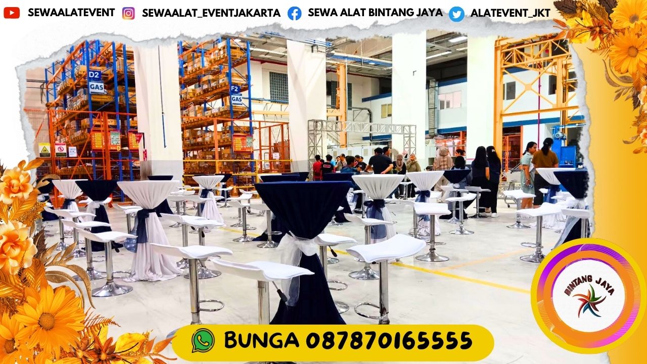 SEWA MEJA BARSTOOL COVER TEBAR HITAM PITA GOLD AREA JAKARTA EVENT ULANG TAHUN SIAP KIRIM