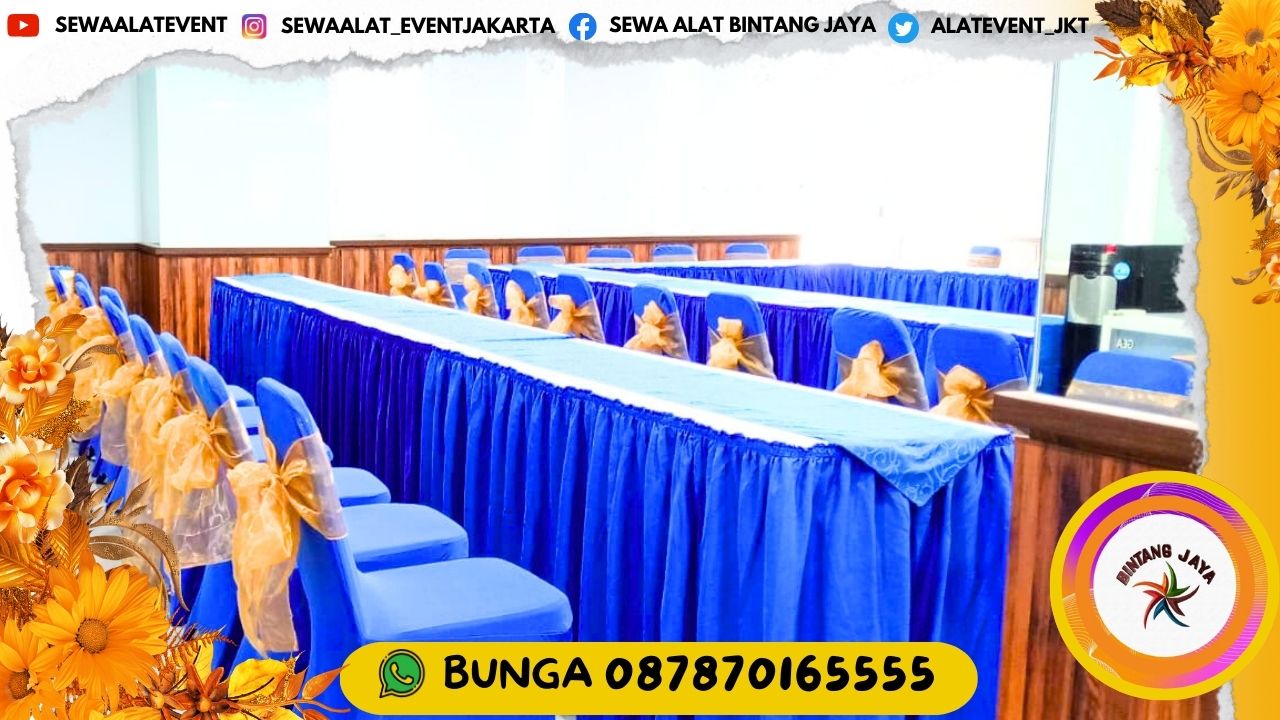 LAYANAN SEWA MEJA DAN KURSI DENGAN COVER WARNA BIRU ELEGAN UNTUK ACARA DI JAKARTA DAN AREA SEKITAR